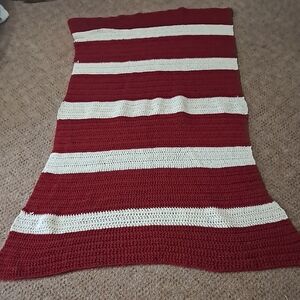 Red and White Striped Crochet Blanket 68 By 33